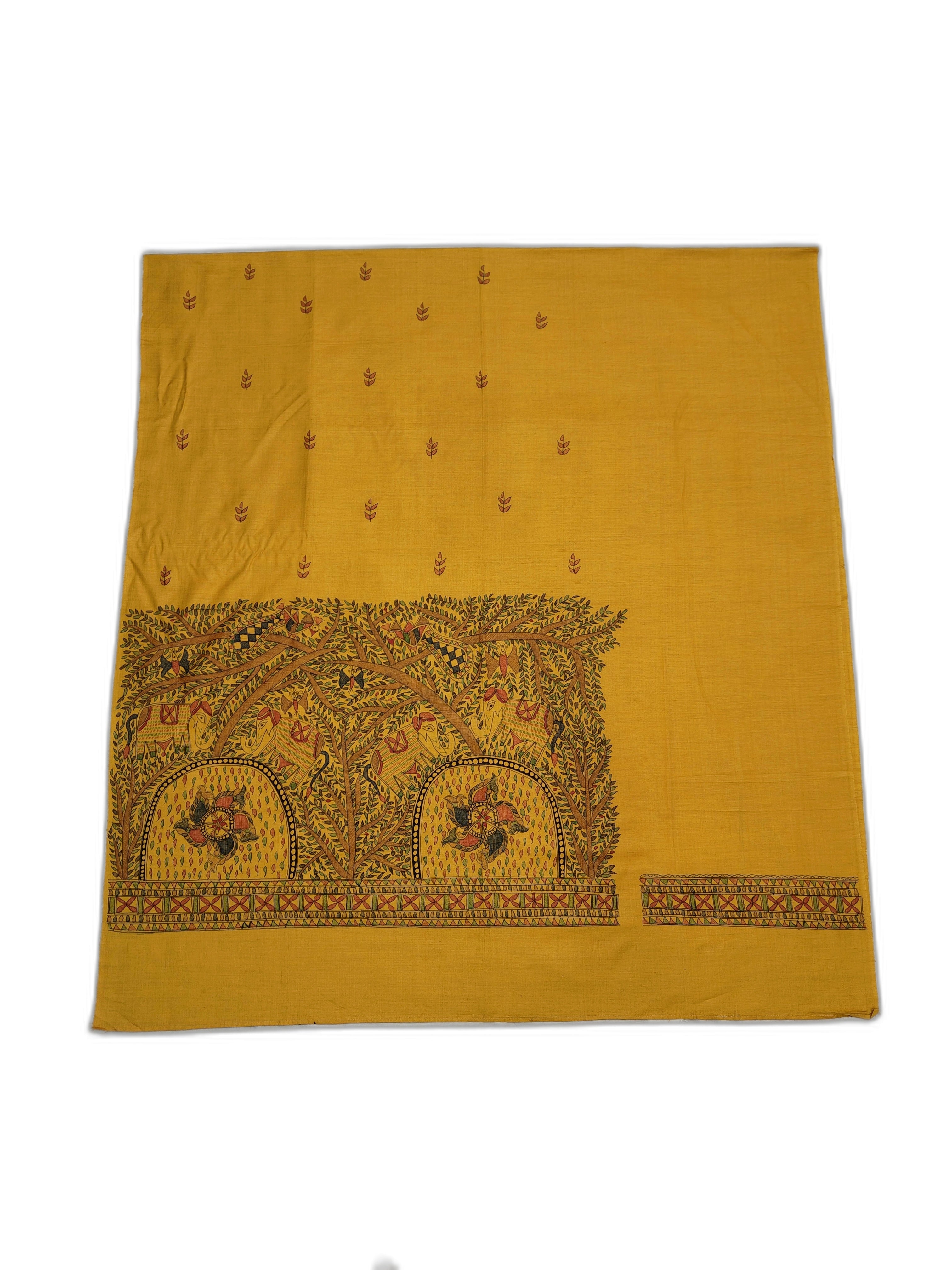 Hand-Painted Madhubani Unstitched Tussar Munga Silk Suit Set in Mustard and Natural Tussar – A Forest-Inspired Masterpiece